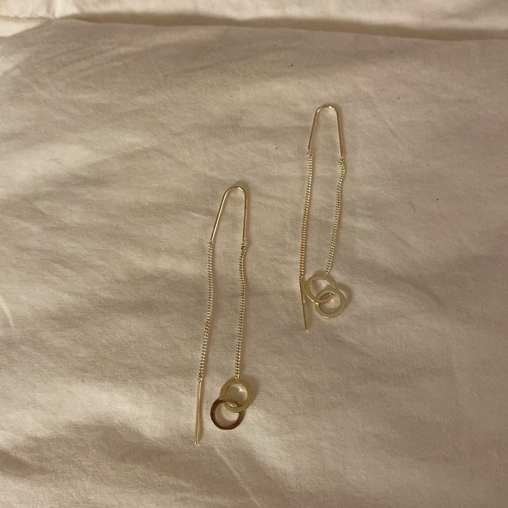 Silver Double Ring Thread Dangle Earrings - image 1